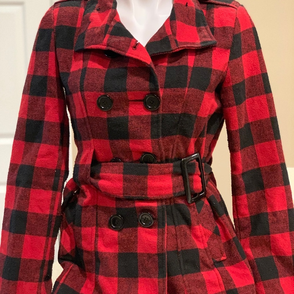 Red and Black Plaid Double-Breasted Coat